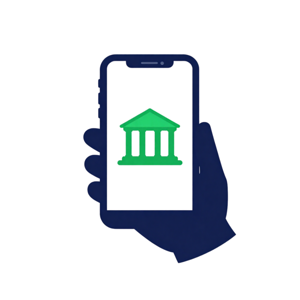 Visual telefoon in de hand met bank icon erop. 