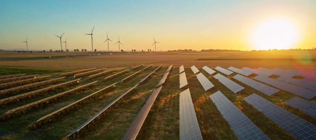 zonnepanelen en windmolens in Nederlands weiland terwijl de zon opkomt