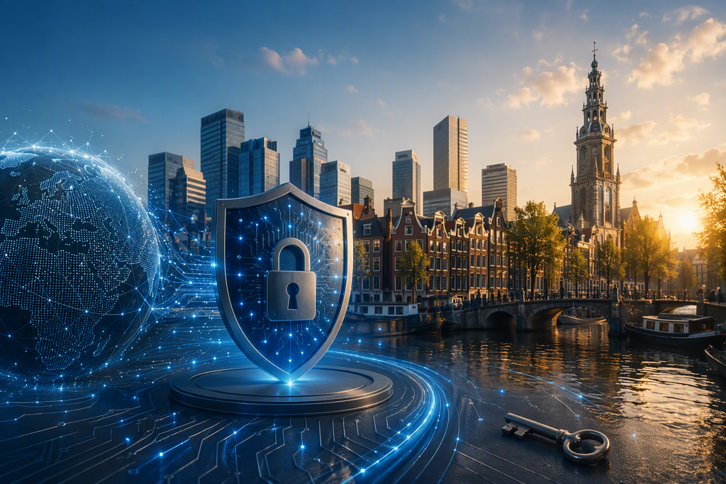 Digitaal beveiligingsschild met hangslot voor de Amsterdamse skyline.
