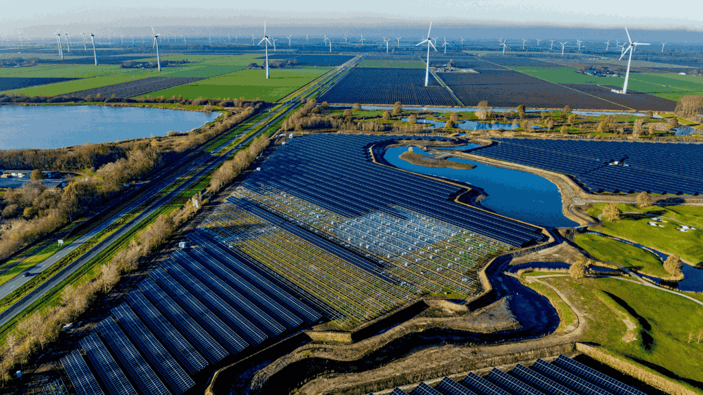 weiland met windmolens en zonnepanelen