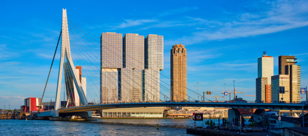 skyline van Rotterdam en de Erasmusbrug